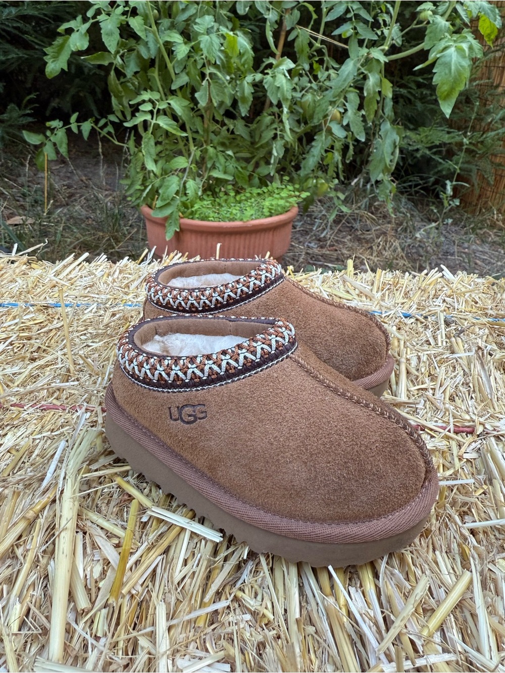 UGG Kids Chestnut Brown Suede Slip-On Boots with Shearling Trim